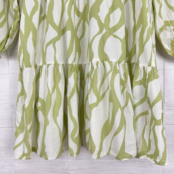 Zara Printed Babydoll Dress S Green Balloon Sleeves Tiered Mini V Neck Tie Fall - Picture 6 of 15